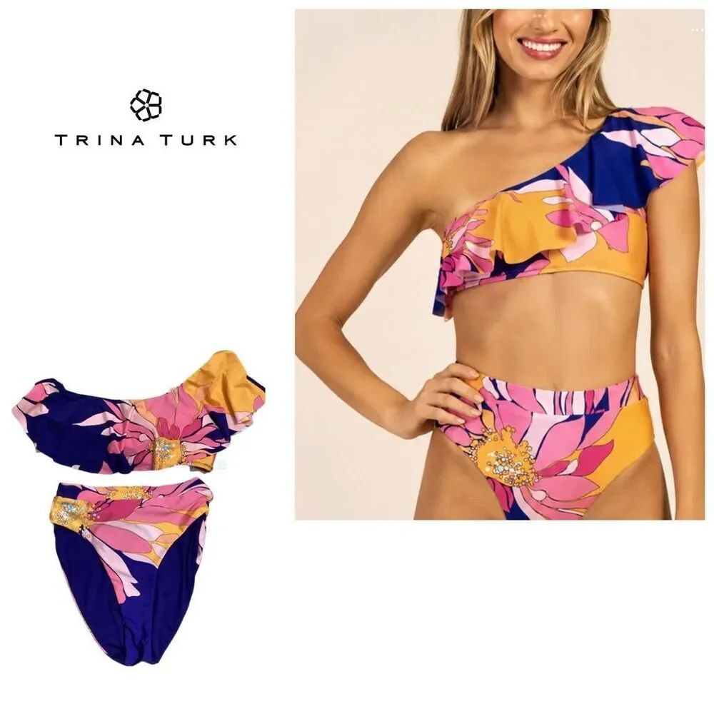 New. Trina Turk Breeze One-Shoulder Ruffle bikini set. M/S. Retails $180